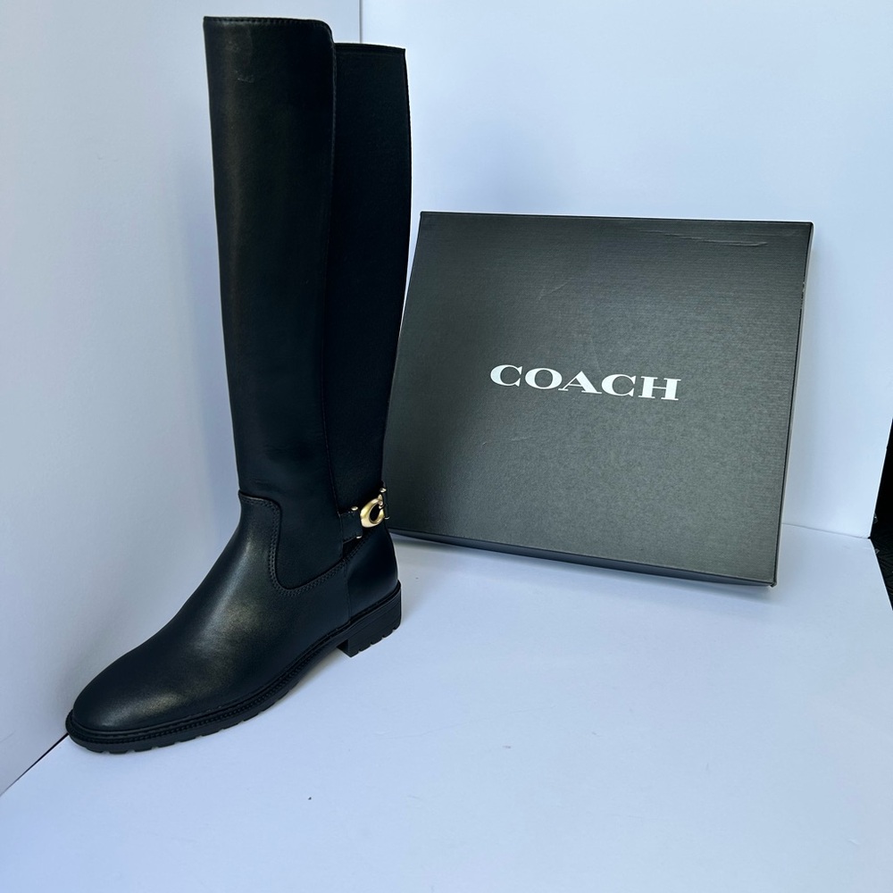 Coach Black Leather Boots with Gold Detail